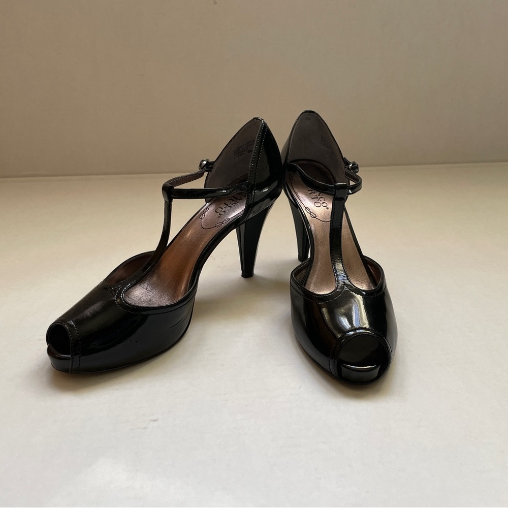 Franco Sarto Black Patent Ankle-Strap Hidden Platform Heel